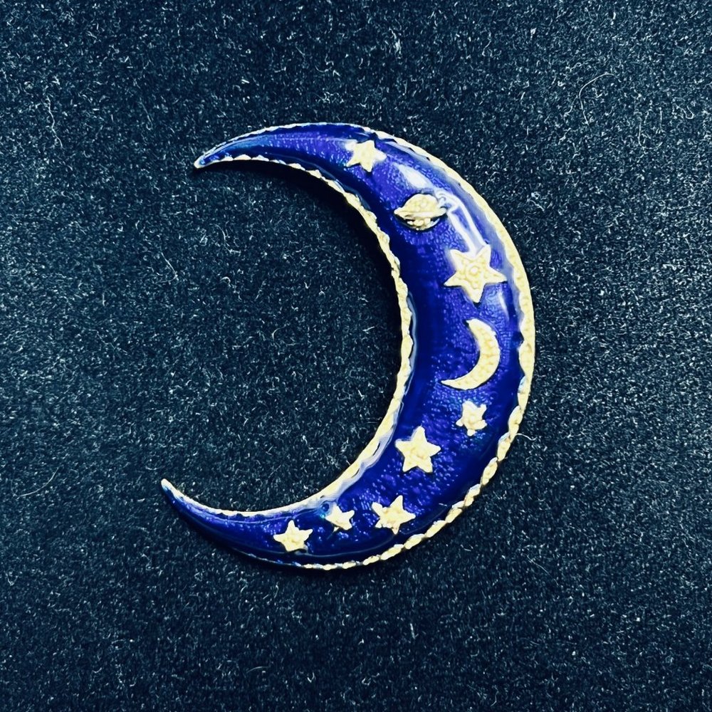 Gold Tone With Cobalt Blue And Gold Enamel Moon Brooch